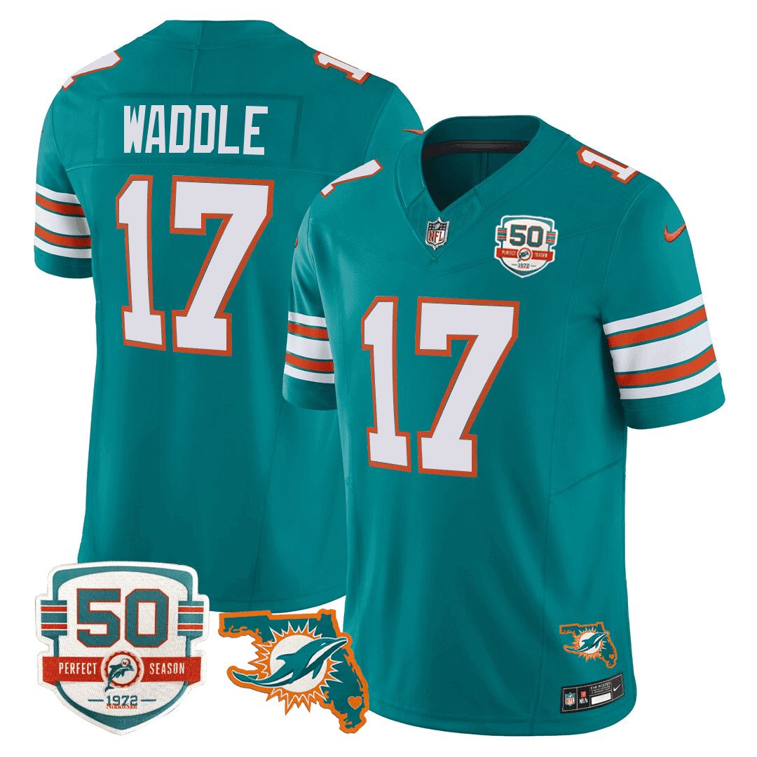 Men Miami Dolphins #17 Waddle Green 2024 Nike Throwback 50th Perfect Season Florida Patch Vapor NFL Jersey